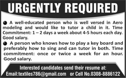 Aero Modeling Tutor & Music Teacher Jobs in Pakistan 2015