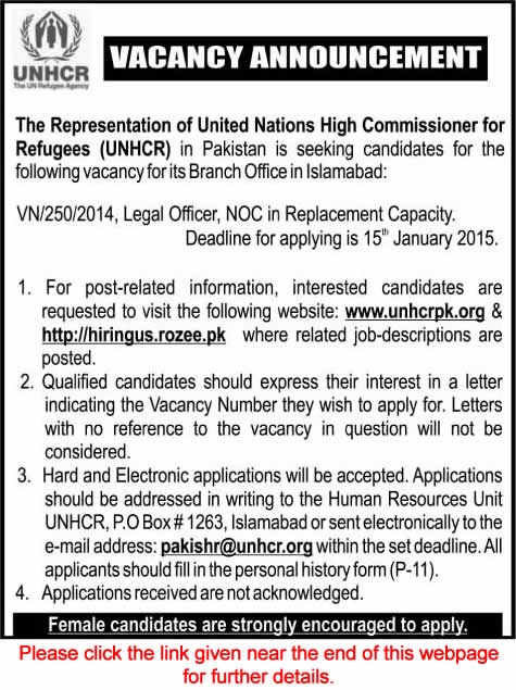 Legal Officer Jobs in UNHCR Pakistan 2015 Latest