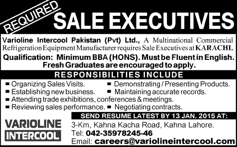 Sales Executives Jobs in Karachi 2015 Varioline Intercool Pakistan (Pvt.) Ltd