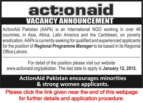 Actionaid Pakistan Jobs 2015 Regional Programme Manager