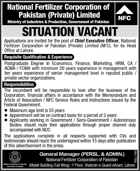 National Fertilizer Corporation Pakistan Jobs 2015 for Chief Executive Officer
