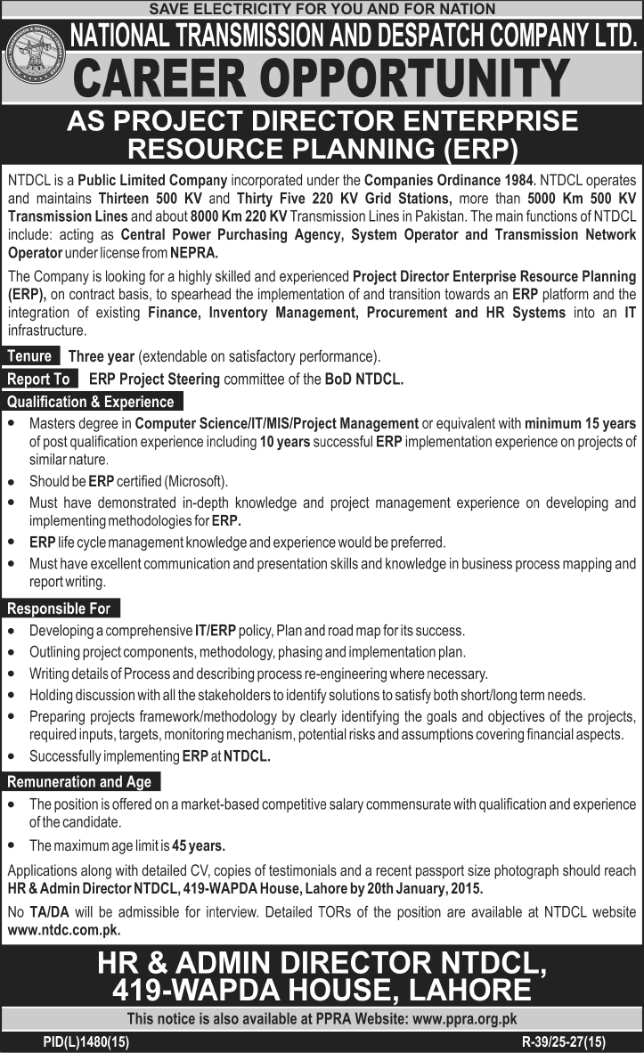 ERP Jobs in Pakistan 2015 at NTDC WAPDA as Project Director Enterprise Resource Planning