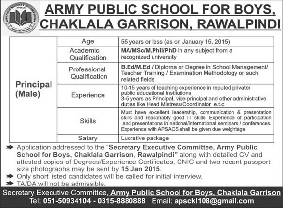 Principal Jobs in Army Public School Chaklala Garrison Rawalpindi 2015