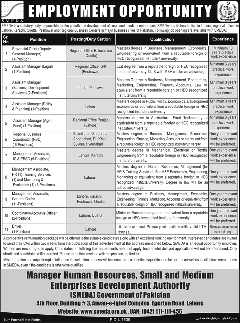 SMEDA Jobs 2015 Latest Small and Medium Enterprises Development Authority