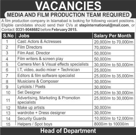 Media and Film Production Jobs in Islamabad 2015 Actors, Actresses, Film Directors, Writers & Technical Staff