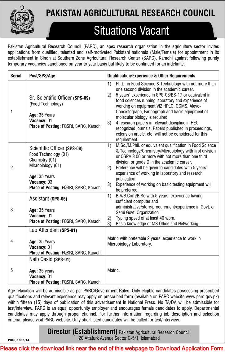 PARC Jobs 2015 Pakistan Agriculture Research Council Karachi Application Form Download