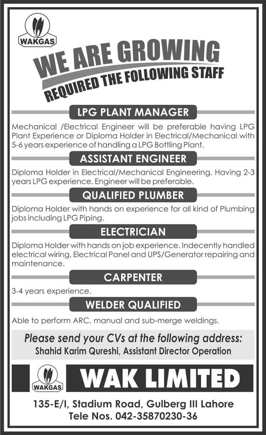 Wak Gas Jobs 2015 Plant Manager, Engineers, Plumber, Electrician, Carpenter & Welder