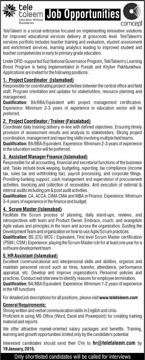 Comcept Pvt. Ltd Islamabad Jobs 2015 Teletaleem Latest
