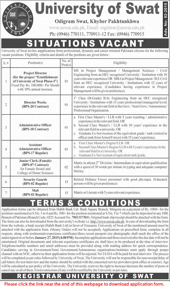 University of Swat Jobs 2015 Application Form for Administration, Security Guards, Mali, Clerks & Others