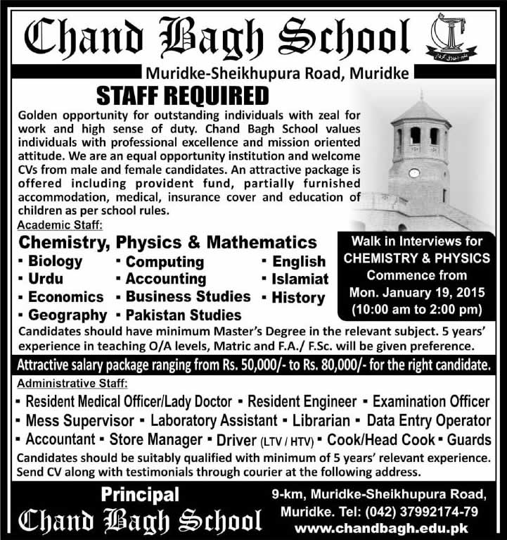Chand Bagh School Muridke Jobs 2015 for Teaching Faculty & Admin Staff Latest