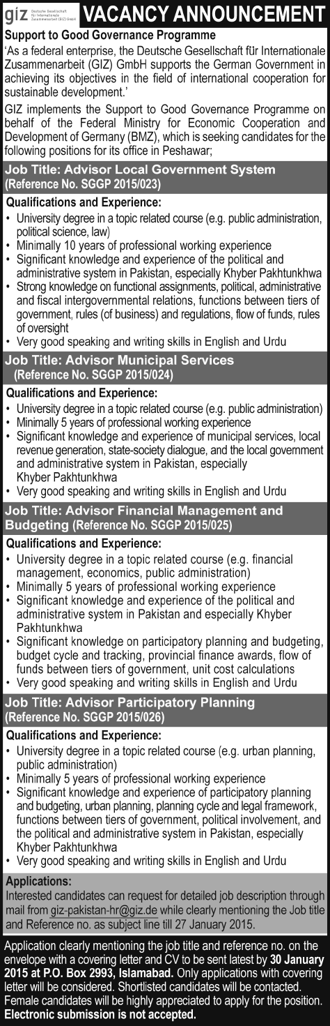 GIZ Pakistan Jobs 2015 for Advisors for Support to Good Governance Programme Latest