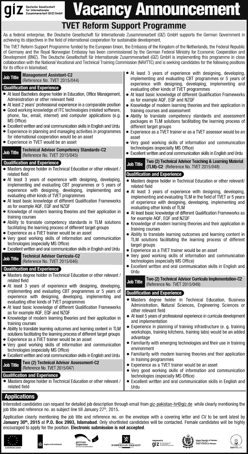 GIZ Pakistan Jobs 2015 Technical Advisors & Management Assistant TVET Reform Support Programme