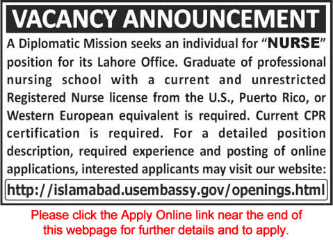 US Embassy Lahore Jobs 2015 Nurse for Diplomatic Mission Online Apply