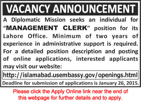 US Embassy Lahore Jobs 2015 Apply Online as Management Clerk for US Diplomatic Mission