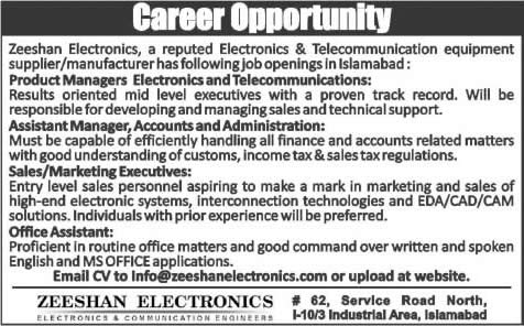Zeeshan Electronics Islamabad Jobs 2015 Managers, Office Assistant & Sales / Marketing Executives
