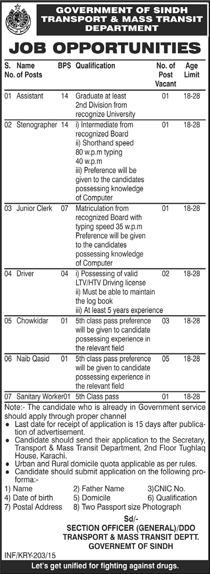 Transport Department Sindh Jobs 2015 Transport and Mass Transit Latest / New