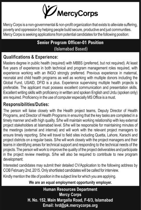 Mercy Corps Pakistan Jobs 2015 Senior Program Officer Latest