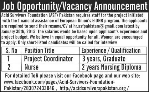Acid Survivors Foundation Pakistan Jobs 2015 Project Coordinator & Nurses Latest
