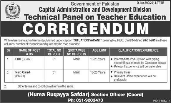 Corrigendum: CAAD Technical Panel on Teacher Education Jobs 2015 Vacancies Regional Quota