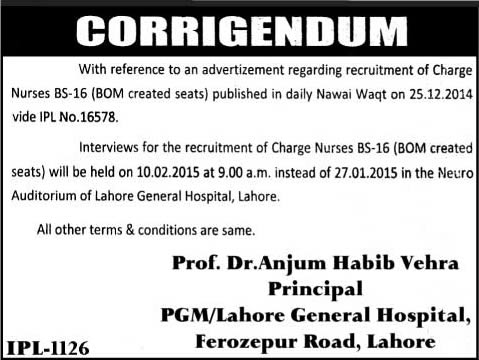 Corrigendum: Lahore General Hospital Jobs 2015 Charge Nurses Test / Interview Schedule