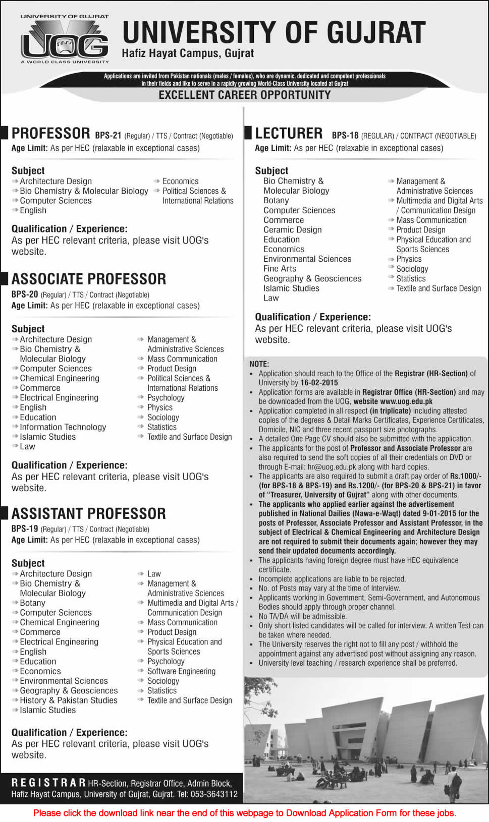 University of Gujrat Jobs 2015 Application Form Download Teaching Faculty at Hafiz Hayat Campus
