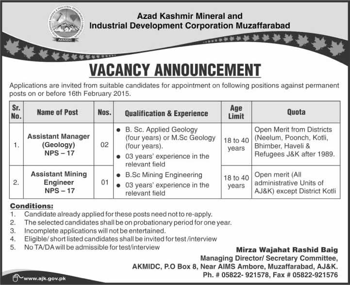 Geologist & Mining Engineer Jobs in AJK 2015 Azad Kashmir Mineral & Industrial Development Corporation