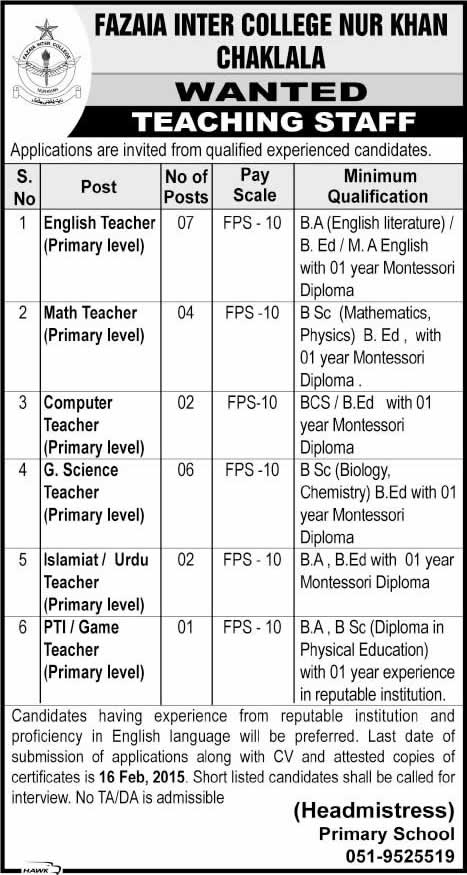 Fazaia Inter College Nur Khan Rawalpindi Jobs 2015 February Teaching Faculty