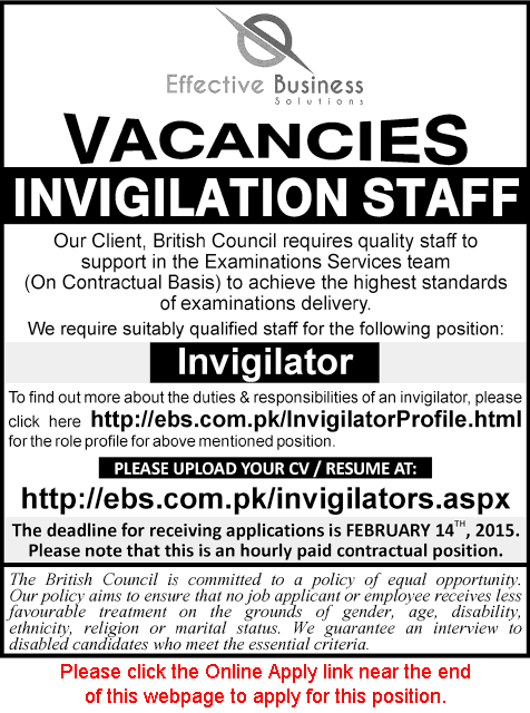 British Council Pakistan Invigilator Jobs 2015 February Effective Business Solutions Latest