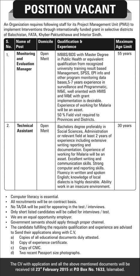 PO Box 1633 Islamabad Jobs 2015 Monitoring and Evaluation Manager & Technical Assistant at PMU