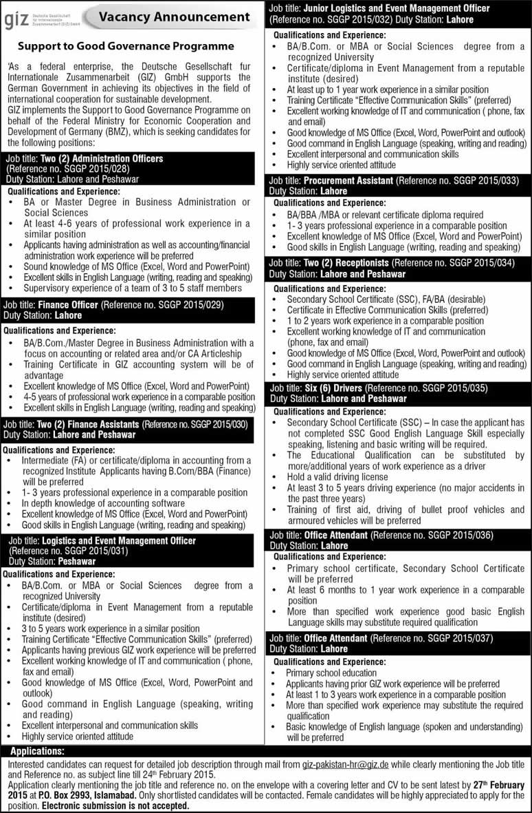 GIZ Pakistan Jobs 2015 February in Lahore / Peshawar Support to Good Governance Programme