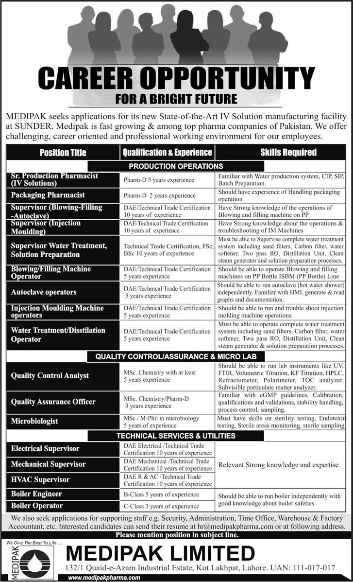 MEDIPAK Limited Lahore Jobs 2015 February Pharmacist, Chemists, Microbiologist & DAE Engineers