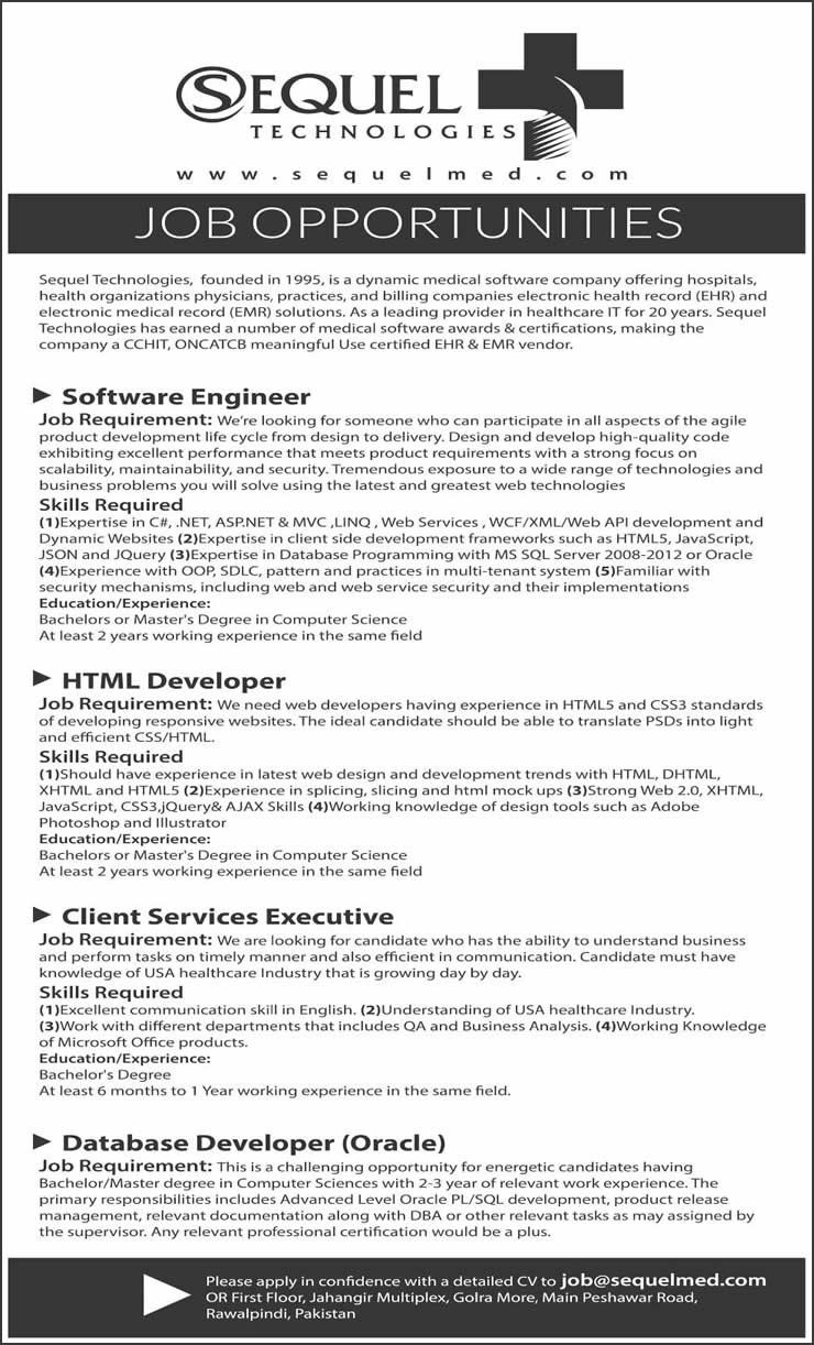 Sequel Technologies Rawalpindi Jobs 2015 February Software Engineers, Web Developers & Others