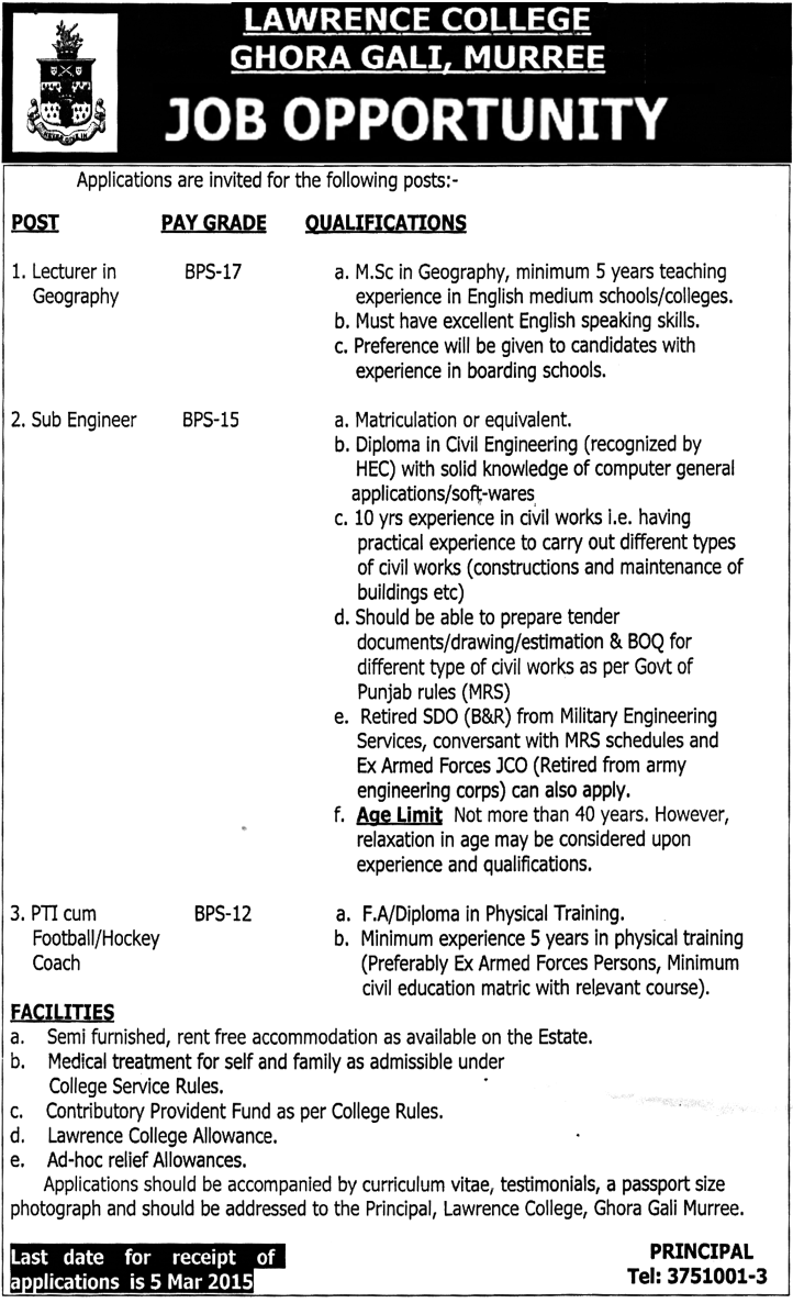 Lawrence College Murree Jobs 2015 February Lecturer Geography, Sub Engineer Civil & Sports Coach