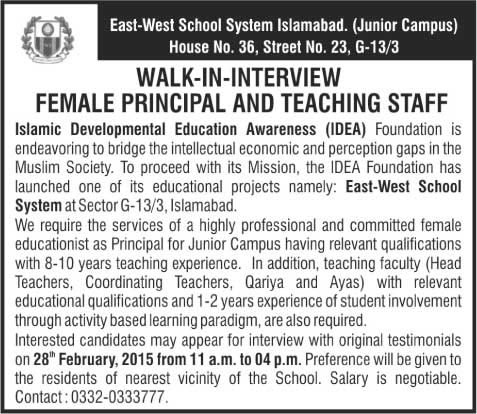 Principal & Teaching Jobs in Islamabad 2015 February East West School System IDEA Foundation