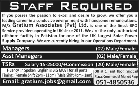 Telesales Representatives & Manager Jobs in Rawalpindi 2015 February at Gratium Associates (Pvt.) Ltd