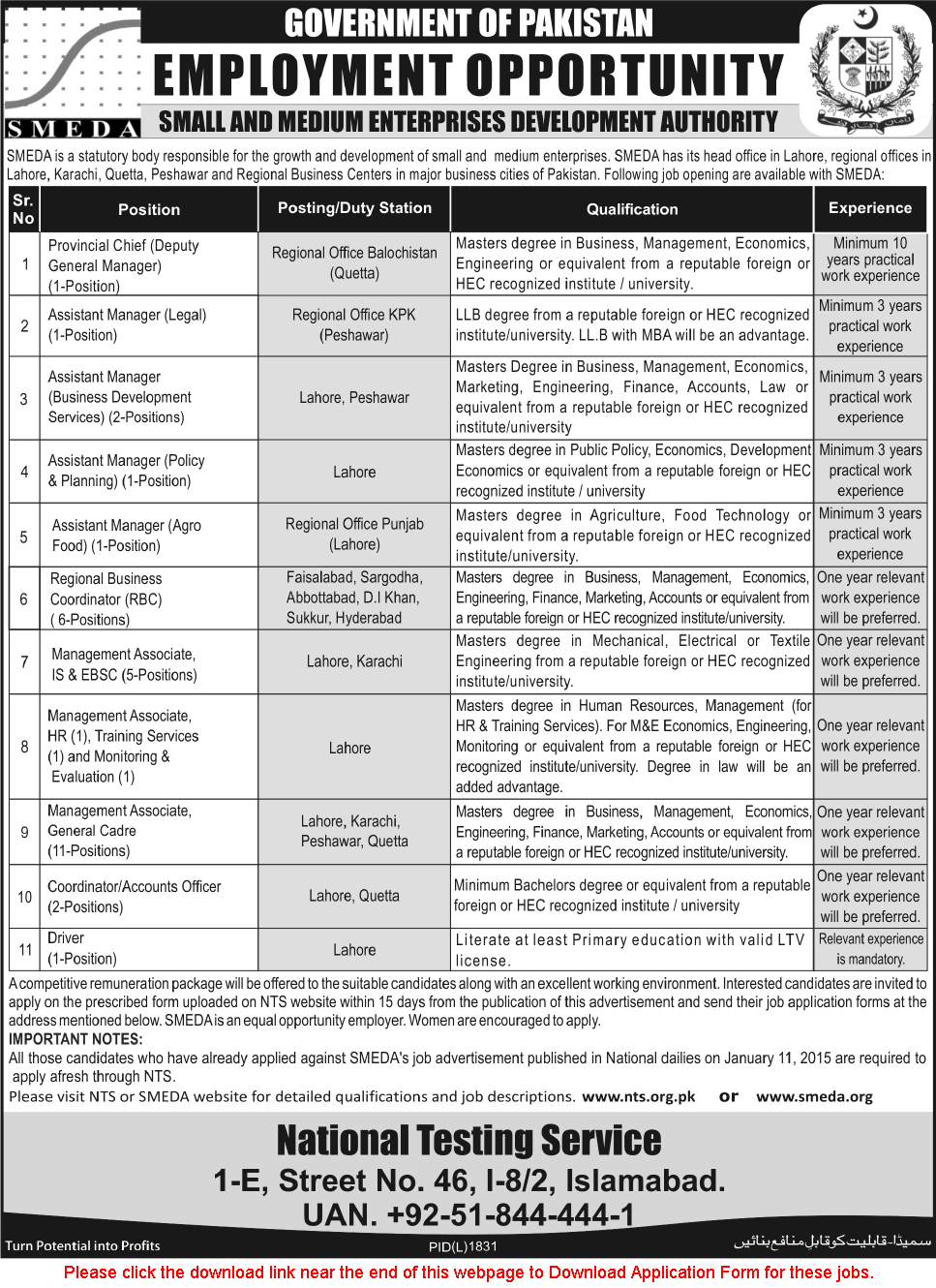 SMEDA Jobs 2015 February NTS Application Form Download Latest Advertisement