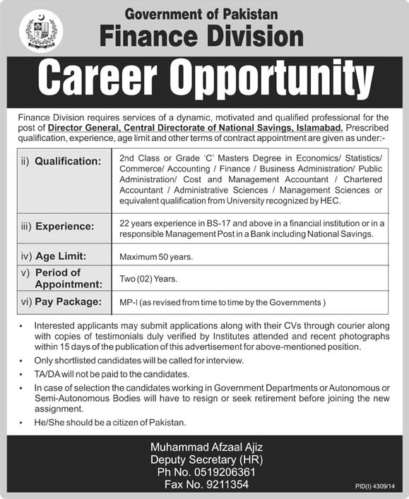 Director General Central Directorate of National Saving Islamabad Jobs 2015 February Finance Division