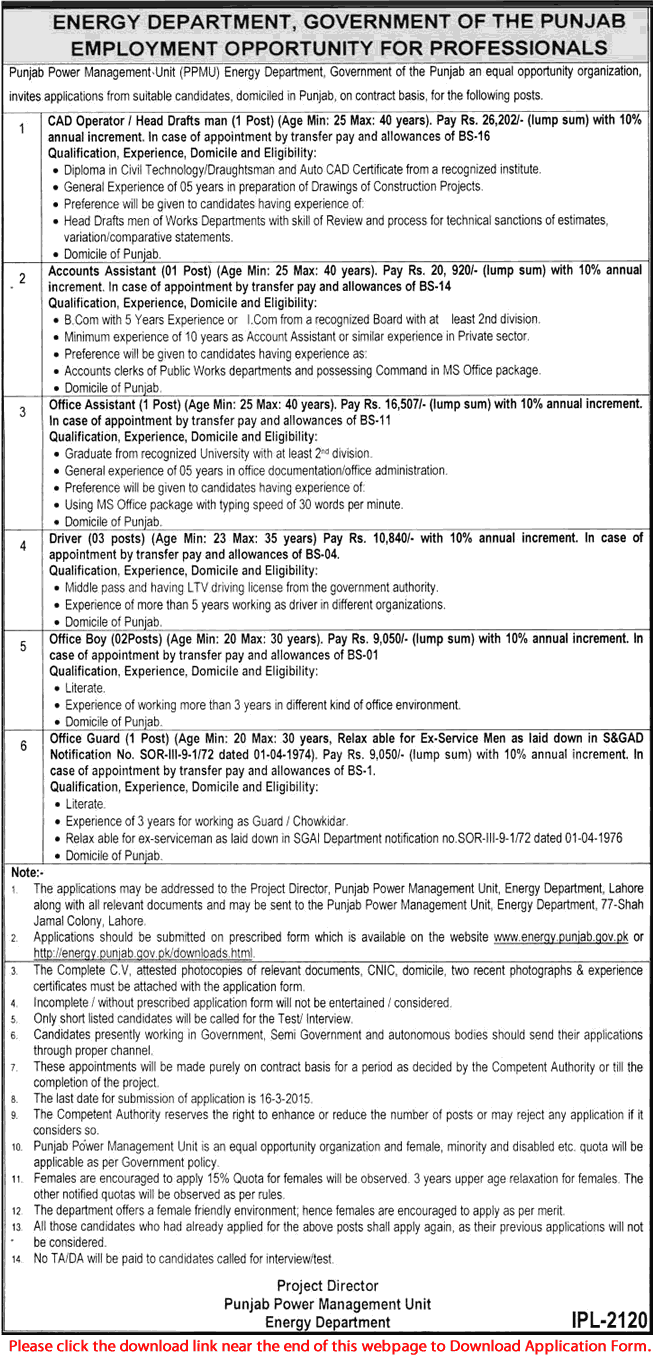 Energy Department Punjab Jobs 2015 February Application Form Punjab Power Management Unit