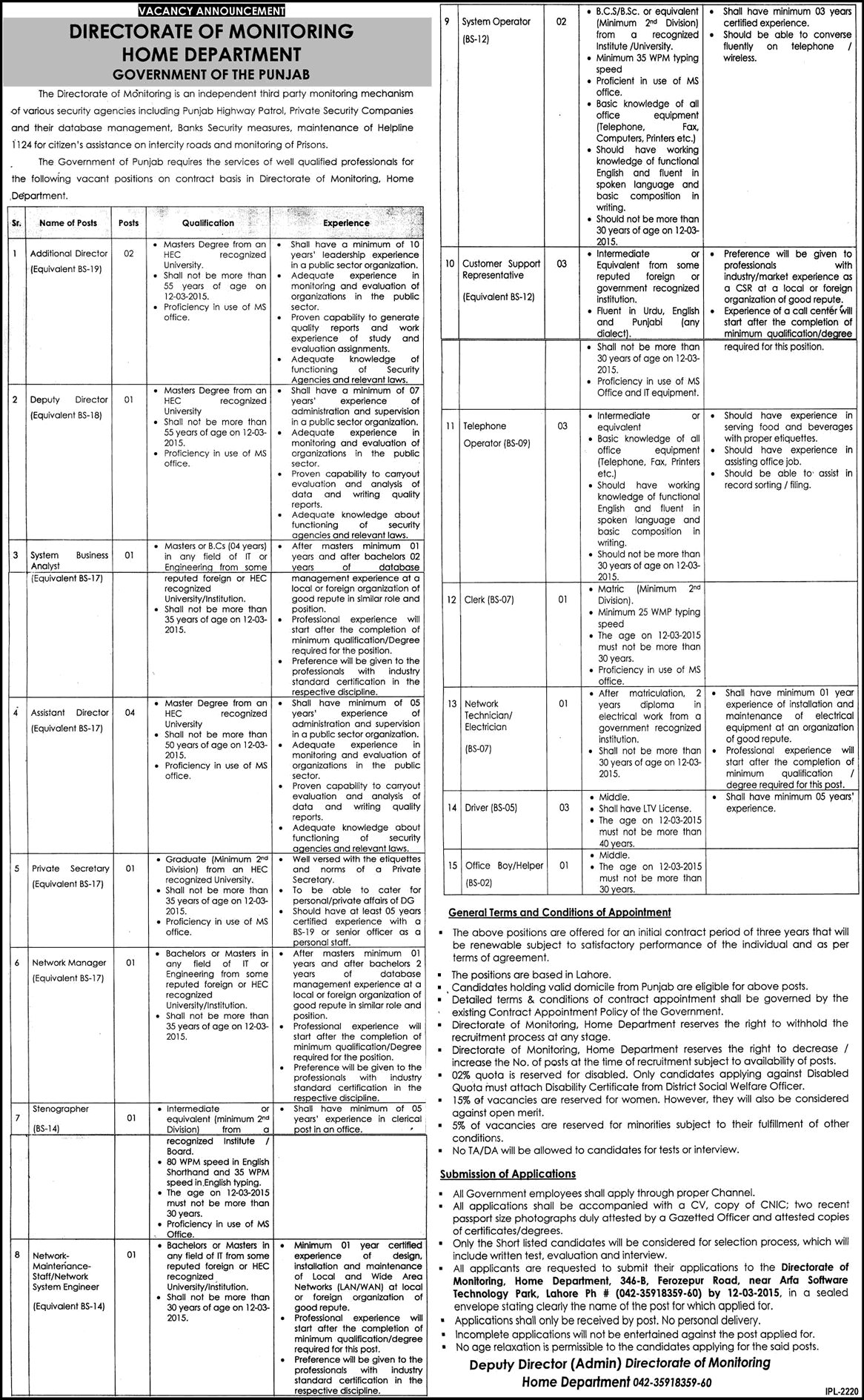 Home Department Punjab Jobs 2015 March Directorate of Monitoring Punjab Government Latest