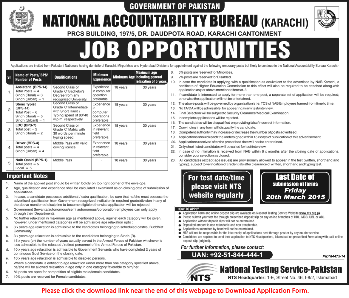 National Accountability Bureau Jobs 2015 March NAB Karachi NTS Application Form Download
