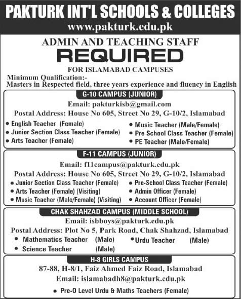 PAKTURK International Schools and Colleges Islamabad Jobs 2015 March Teaching Faculty & Admin Staff