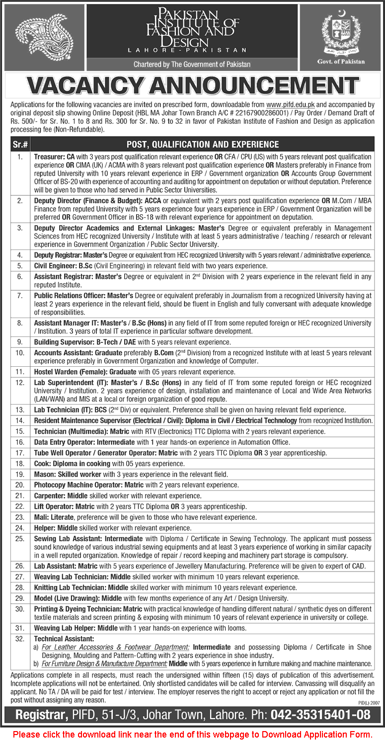 Pakistan Institute of Fashion and Design Lahore Jobs 2015 March Application Form Admin Staff
