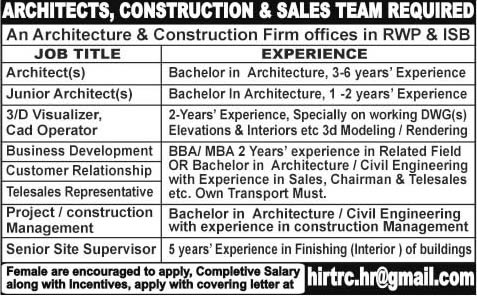 Architects, Construction & Sales Jobs in Rawalpindi / Islamabad 2015 March Architecture & Construction Firm