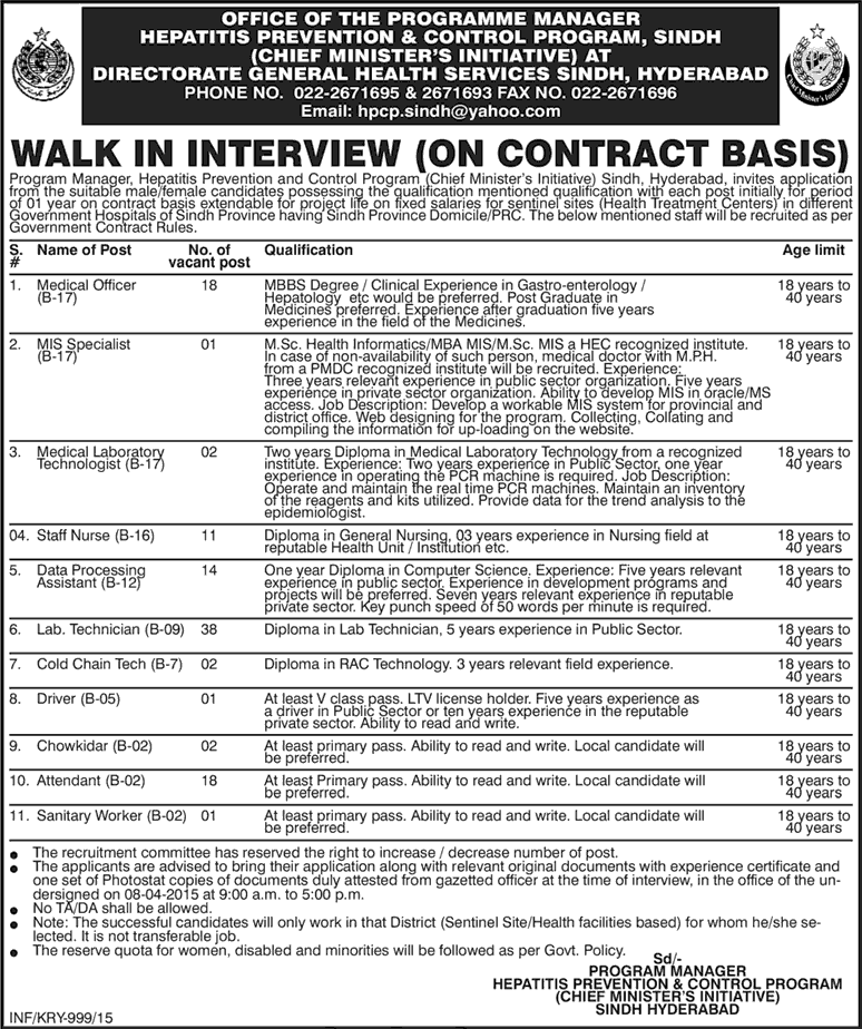Hepatitis Prevention and Control Program Sindh Jobs 2015 March Directorate General Health Services