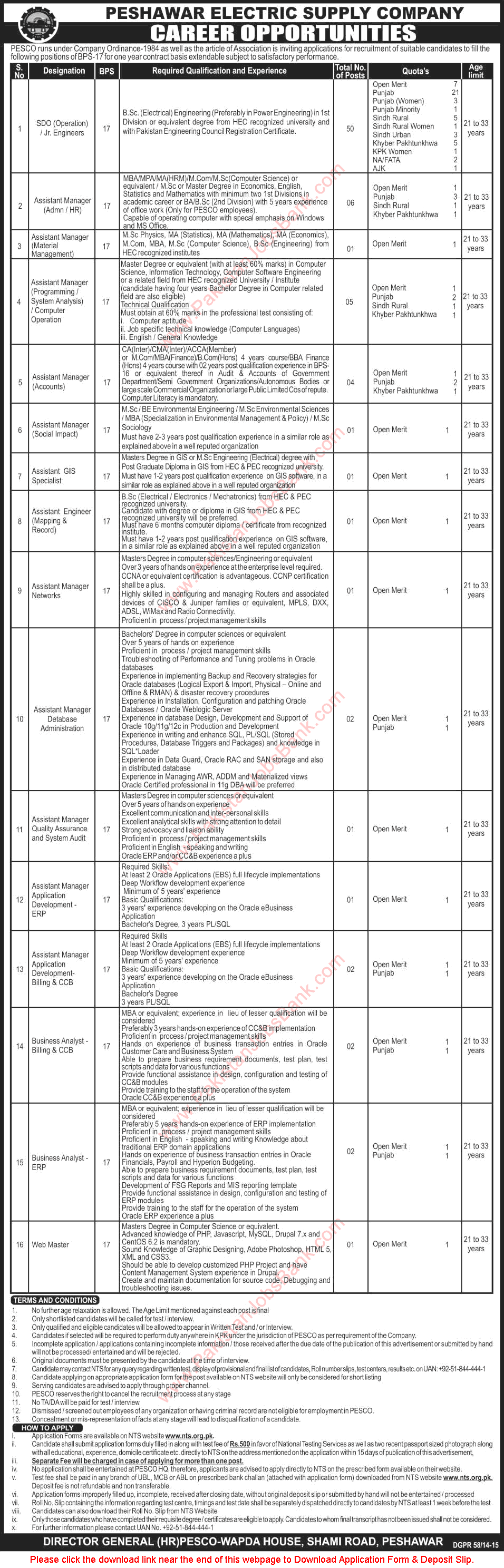 PESCO Jobs 2015 March SDO / Junior Engineers, Assistant Managers & Others WAPDA KPK NTS Application Form