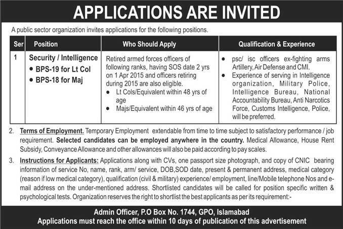 PO Box 1744 GPO Islamabad Jobs 2015 March Security / Intelligence Officers Latest