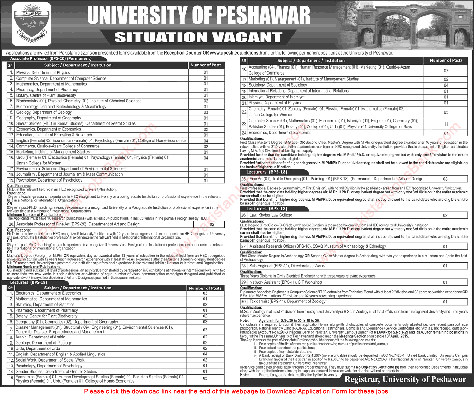 University of Peshawar Jobs 2015 March Application Form Download Teaching Faculty & Admin Staff