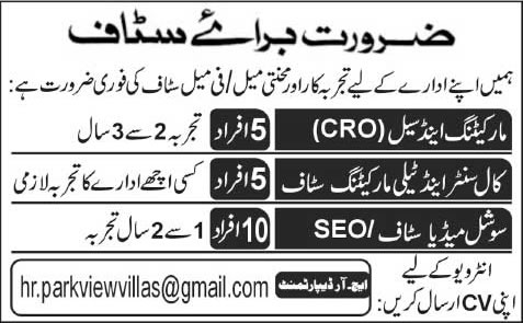 Parkview Villas Lahore Jobs 2015 March / April CRO, Call Center Agents, Telemarketing & SEO Experts