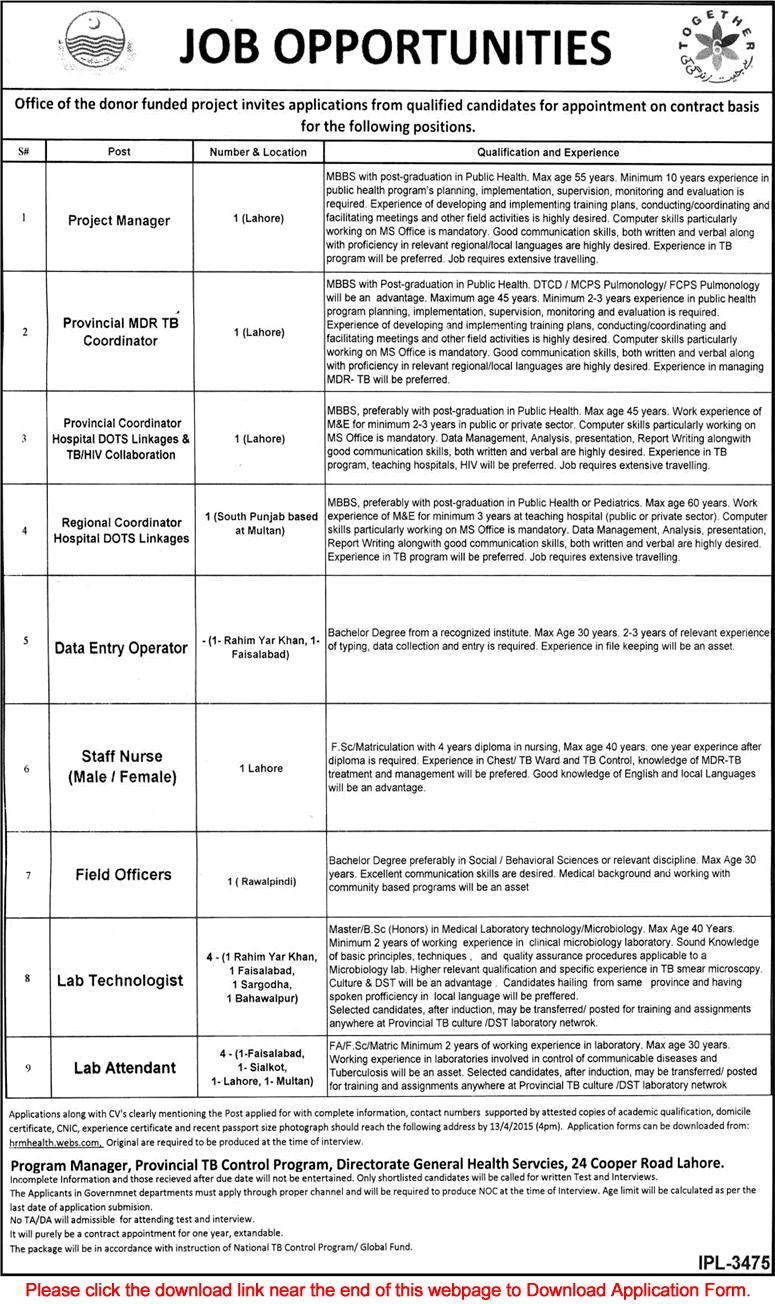 Provincial TB Control Program Punjab Jobs 2015 March / April Application Form Download Latest