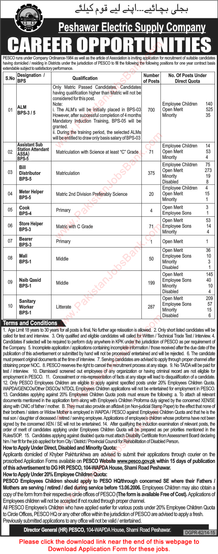 PESCO Jobs 2015 March Assistant Lineman (ALM), Bill Distributor, ASSA, Naib Qasid & Others WAPDA KPK